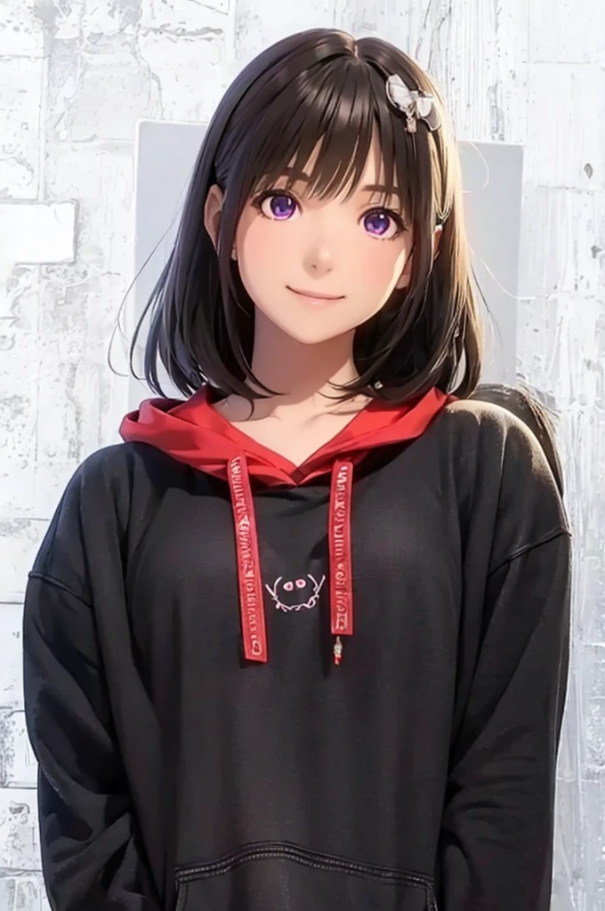 High resolution,In 8K,highest quality,detailed,Semi-realistic anime,Anime 3D Style,Smooth anime CG,One Girl,19-year-old woman in Japan,slim,Modeled,Shiny brown hair,Medium Hair,detailedな顔,Beautiful and detailed,Glowing Skin,Wear a black hoodie with a red collar,straggling hair,Angelic hairstyle,((Deep purple glowing eyes)),(Small breasts),((Observe the audience)),((shut up.),((smile))