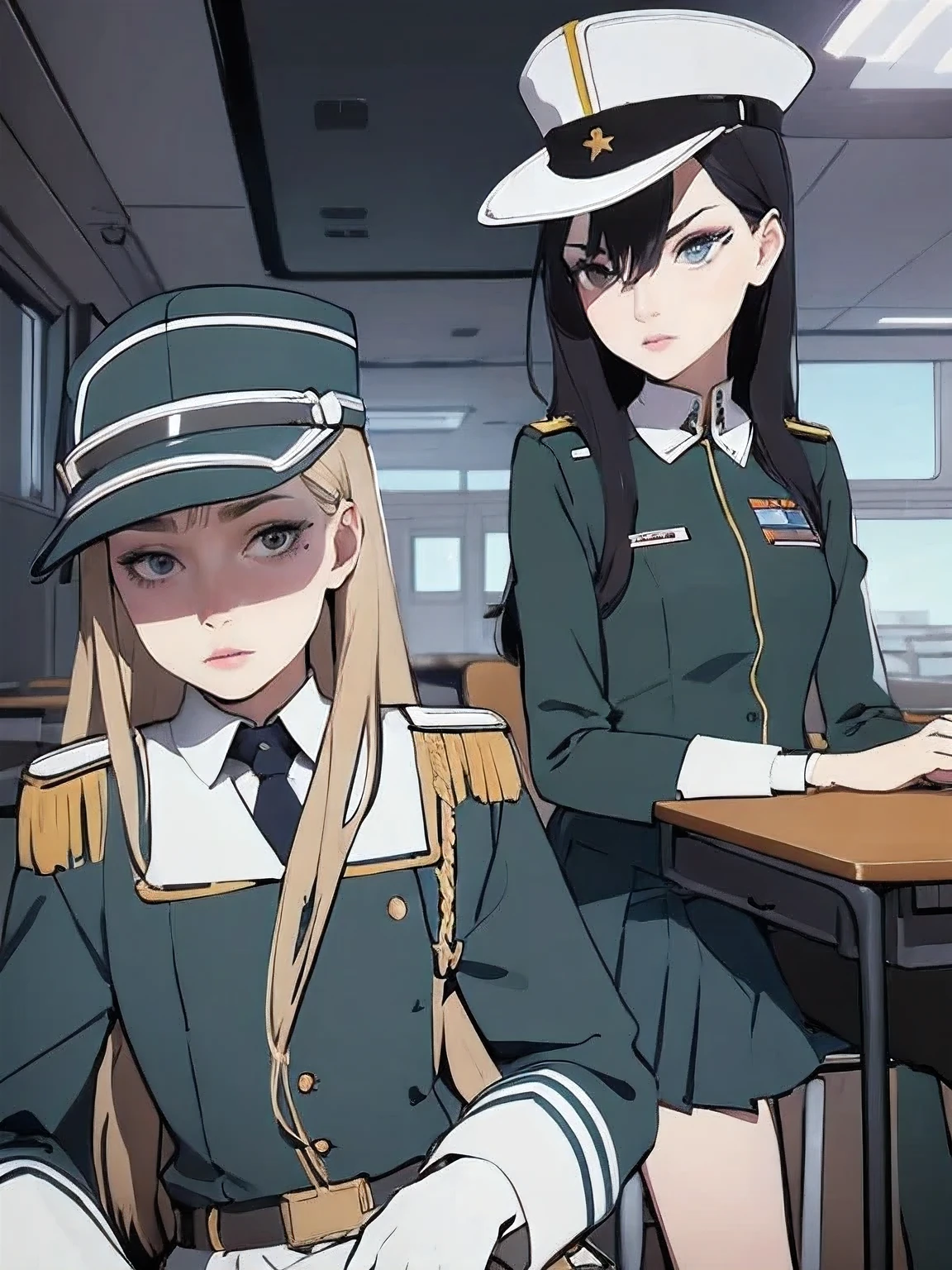superflat, flat shading, flat colors, (masterpiece:1.2, best quality), (closeup), 2women, , slim, (white military outfit), pleated skirt, military hat, space cadet, sitting by desk, in classroom, put head on hand, bored, classmates in background, (spaceship interiors), futuristic, cosmos, watercolor