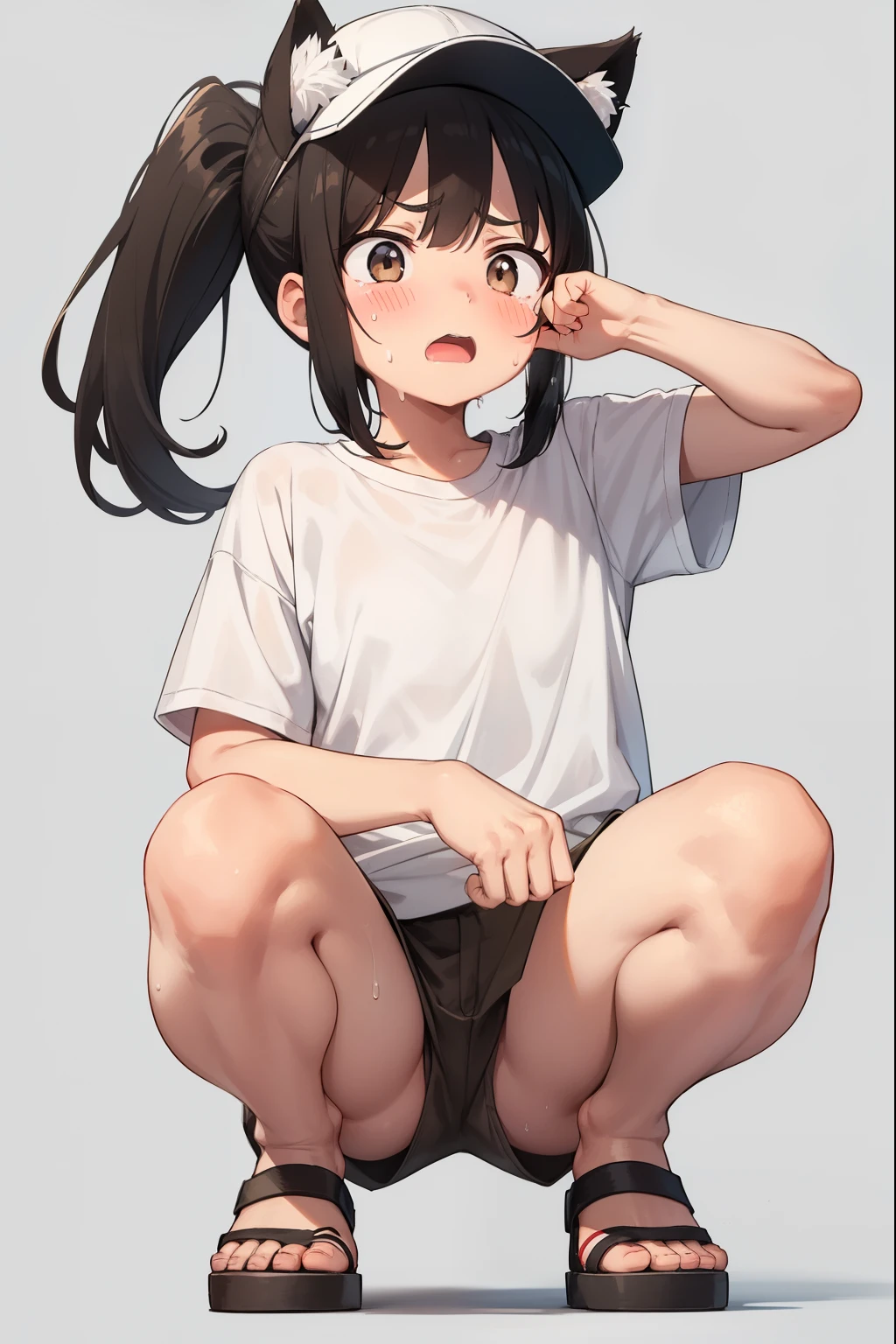 Residential Street,squat,1 ,ponytail,Black Hair,blush,White T-shirt,Olive green shorts,Brown Sandals,White skin,summer,White cap,From below,Cat paw pose,Tempered,Surprised,shy,Sweat,Open your mouth,Troubled face,cry