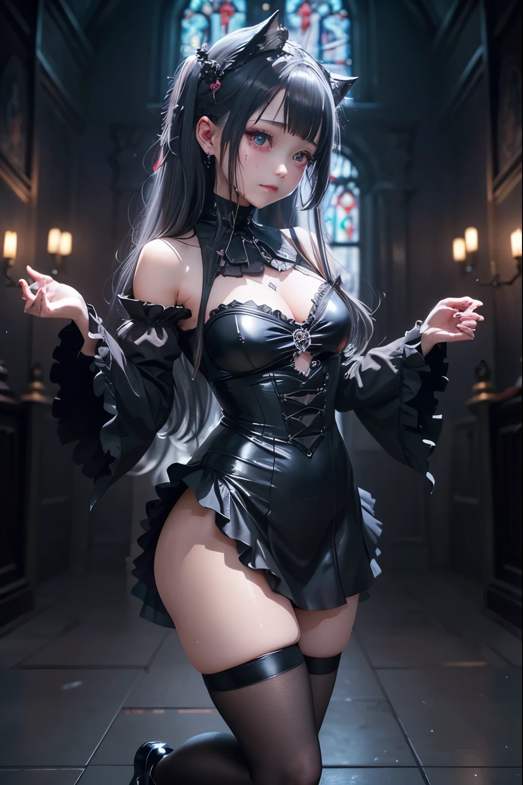 ハードDark Gothicメイク、Deep Night Sky、Horror、Black dark eyeshadow、cry、sad、Good skin radiance、Dark Gothicメイク、Dark smile、palace、The beauty of fragrance、24-years-old、Expressions of intense sexual pleasure、Embarrassed look、Dark Gothic、Obscene language、highest quality、Expression of sexual pleasure amid suffering、Drunk face、紫のMaid clothes、Mysterious、Noble、The face of someone who is holding in the toilet、sexy、Loving smile、Twin tail hair、Right blue eye, Left eye is red、Super seductive pose、Platform Heel Shoes、Heavy makeup、Gothic Lolita Clothing、A little slimmer、Silver Hair、Long Hair Straight Hair、Cute Gothic Lolita Dress、Beautiful Face、elegant features、Fascinating face、Stained glassが背景、Chest glistening with sweat、The room is dark、goth long dress、Bell Sleeves、Wizard Sleeve、Decadent look、Sexually excited expression、Gothic Mode、Glossy thighs wet with water、Thighs that are wet and shiny with oil、Background of a room full of roses、sad表情、Rose Maiden、The embroidery is pink、The dress has pink embroidery、Thigh-high socks、Knee-high socks、Gentle expression、Dark black eyeshadow、despicable act、Stained glassと薔薇背景、The lower half of the body is wearing a black bikini swimsuit.、thighs are a little thin、Female Duo、Female couple、A blue lightning bolt glows in her right hand.、Blue electromagnetic waves shine in my hands.、dark church background、Stained glass、Black metal world、Dark Castle、Dark Room、Slender body、upright、walk、Are standing、gothic long dresaid clothes、Victorian dresses、Her thighs glisten with sweat、My body is wet and shiny、Lots of glitter on the thighs、sweating、My thighs are sticky from sweating、Sweat glistens on the thighs, The whole body is sweaty and shiny、Quite sweaty、My thighs are sweaty、My thighs are so wet、My thighs are shining with sweat、A lot of sweat glistens all over the body、The thighs are the best、