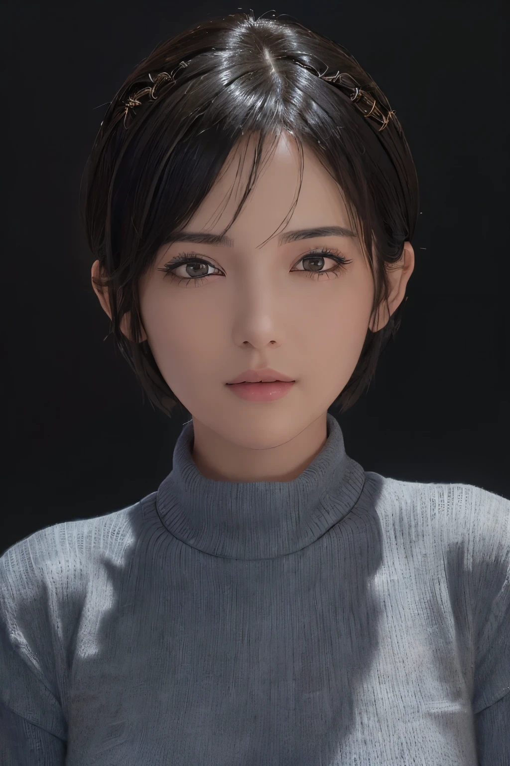 (masterpiece:1.3), (8k, photorealistic, RAW photo, best quality: 1.4), (1girl), beautiful face, (realistic face), (black hair, short hair:1.3), beautiful hairstyle, realistic eyes, beautiful detailed eyes, (realistic skin), beautiful skin, (sweater), absurdres, attractive, ultra high res, ultra realistic, highly detailed, golden ratio