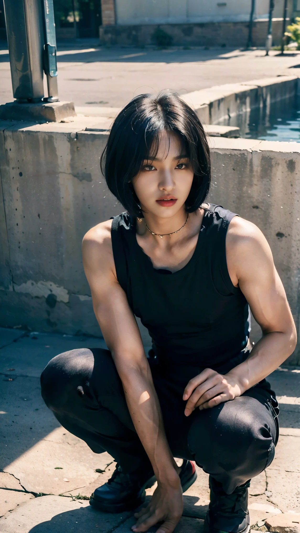 Realistic photos, 8k,(((Crouching in the downtown area,Handsome young Korean tomboy with a bob cut))),Chest is male,18-year-old,(Ultra-realistic), (figure), (High resolution), (8k), (Very detailed), (Best figure), (Beautiful fine details), (highest quality), (Super detailed), (masterpiece), (wallpaper), (Detailed face), ((whole body,Flat Chest,Slightly muscular)),alone,Black hair bob cut,(((Face is a girl,The body is a perfect man))), Black tank top,Training pants,Transgender,Korean,kpop