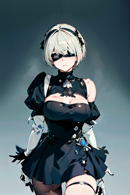 (Masterpiece:1.5), top quality, official art, super detailed, 1 Girl, 18 years old, elegant black dress, ruffled skirt, gloves, beautiful hair, bangs, white hair, short hair, blue eyes, beautiful eyes, eye highlights, beautiful skin, fresh skin, knee high boots, cinema like lighting, big tits, simple Black catsuit, Hair blowing in wind, White background, niji5, NieR, 2B