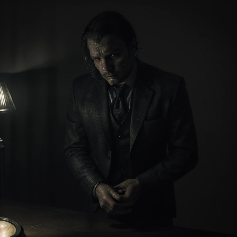 a man in a suit conducting an interrogation in a dimly lit room illuminated only by a lamp,illustration,detailed interrogation scene,intriguing atmosphere,high-quality image,realistic lighting,eerie shadows,serious expression,sharp focus,tense atmosphere,cold hues,dramatic composition,professional artwork,crime noir style,forensic setting,interrogation table,one-way mirror,creepy ambience,foreboding mood,psychological thriller vibes,subtle facial expressions,meticulous details,mystery theme,forensic expert assistant