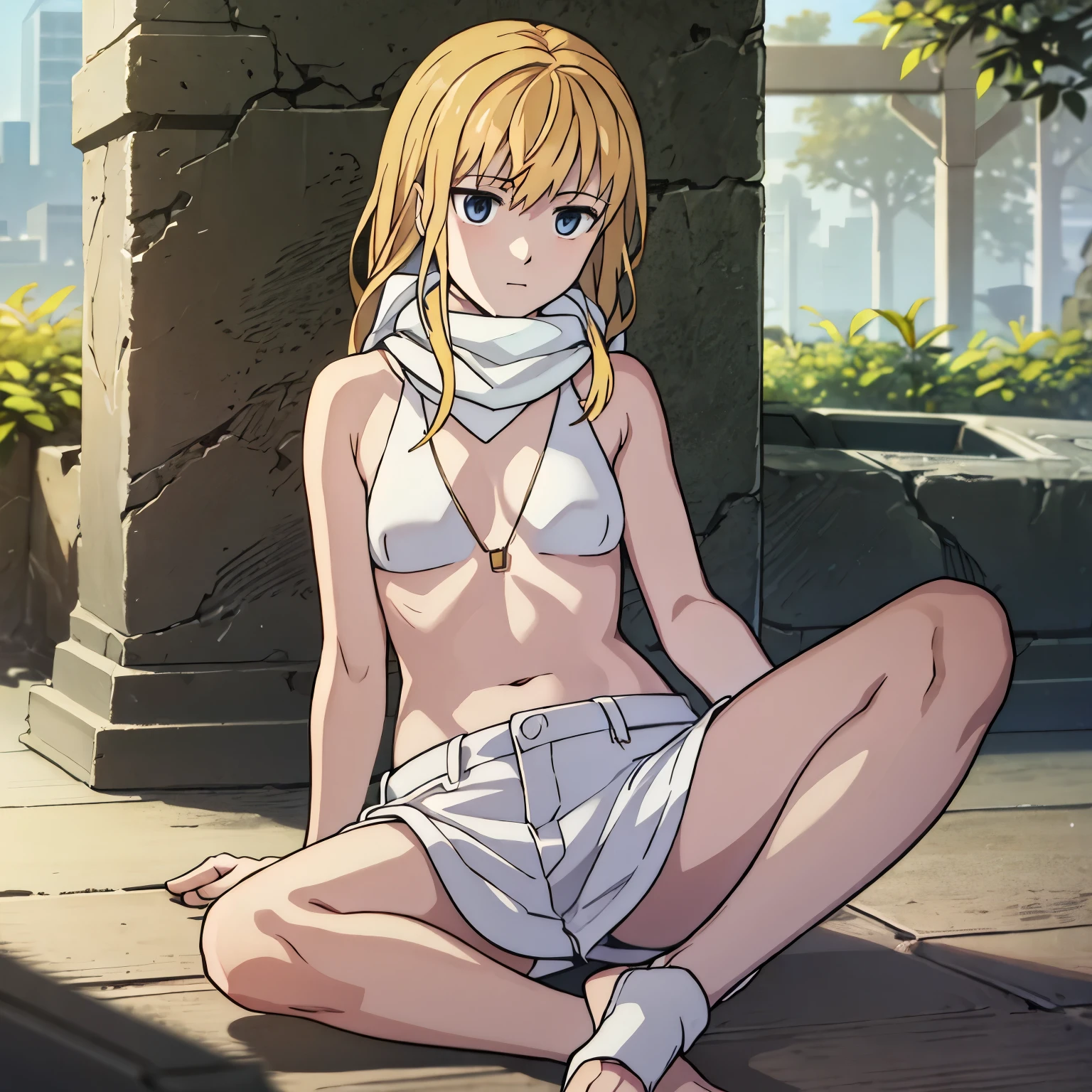 lucy from chrono ark, 1girl, solo, small breast, short height, soft smile, looking at viewer, blurry background, outdoors, full body, slim, ((masterpiece)), best quality, 4k, cinematic lighting, ray tracing, reflected light, panorama, high detailed illustration, high detailed background, hi-res, naked, no clothes, bare skin, no clothes, hand between legs, covering chest with arm, small round nipples, white scarf, legs together, sitting, bare feet, feet soles