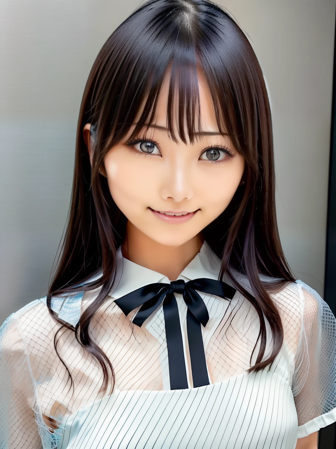There is a woman taking a photo with a ribbon in her hair., mesh blouse, Long black hair, Straight long hair, Chiho, Hole in the Motto, shikamimi, sakimichan, narumi kakinouchi, kotegawa yui, harumi, by Ayami Kojima, kimi takemura