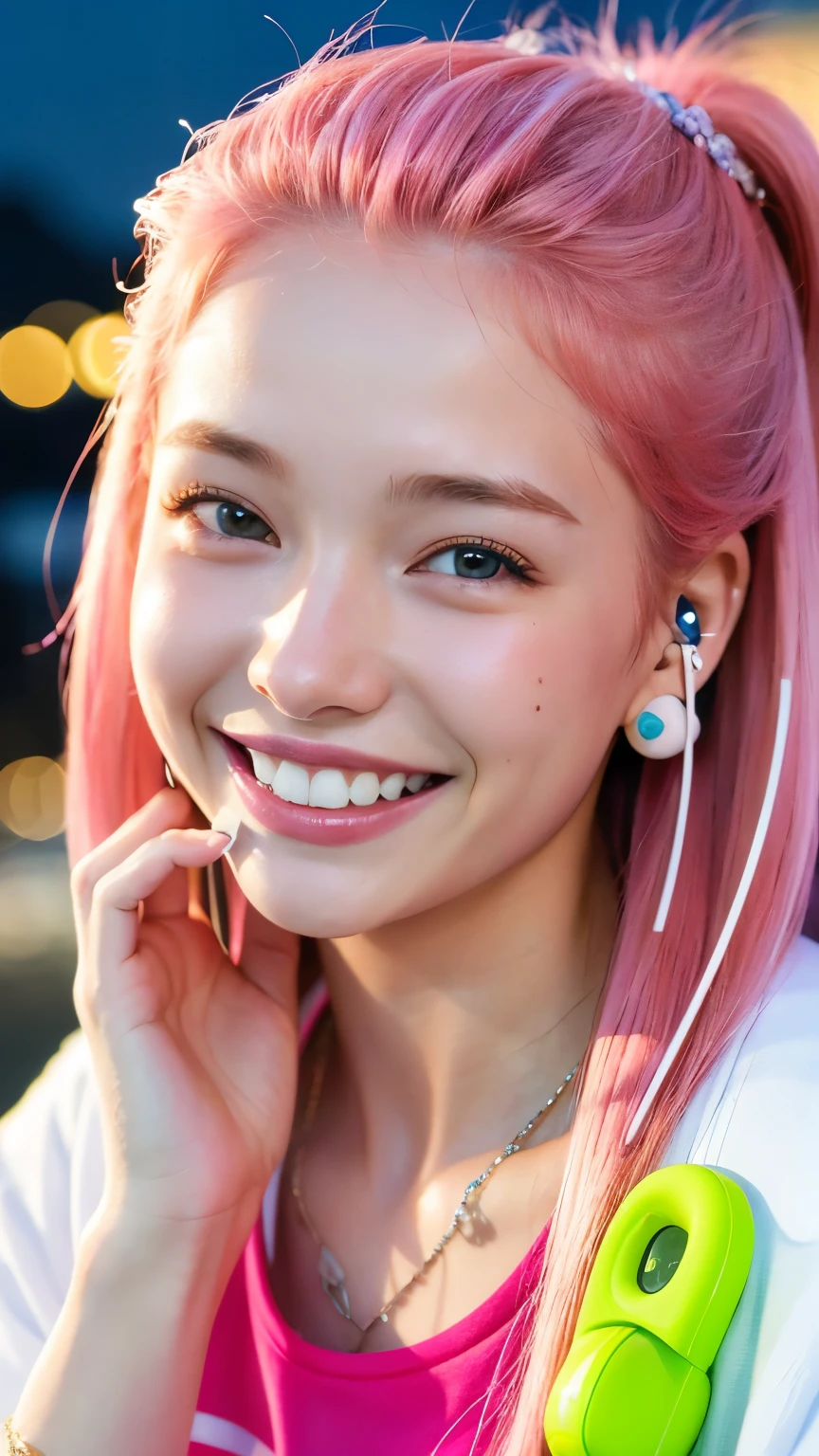 highest quality, masterpiece, Ultra-high resolution, (Realistic:1.4), (Close-up portrait) RAW Photos, 1 girl,20-year-old,((Smiling with teeth showing)),((Big smile))((Neon city at night)),((Wireless Earphones)),((Nose Piercing)),,((Passionate pink haired girl'compensate)),((High Fashion)),Messy Hair,((Cap Chestnut)),((Short bangs)),Realistic,Image Media Chest)),