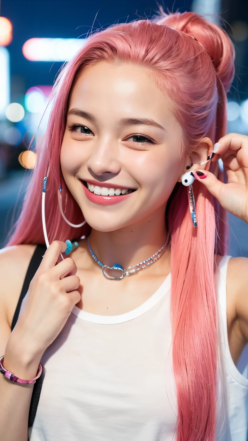 highest quality, masterpiece, Ultra-high resolution, (Realistic:1.4), (Close-up portrait) RAW Photos, 1 girl,20-year-old,((Smiling with teeth showing)),((Big smile))((Neon city at night)),((Wireless Earphones)),((Nose Piercing)),,((Passionate pink haired girl'compensate)),((High Fashion)),Messy Hair,((Cap Chestnut)),((Short bangs)),Realistic,Image Media Chest)),