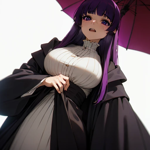 (masterpiece, masterpiece),masterpiece, highest quality, (One girl), whole body, (Cute anime face), (Beautiful detailed girl), Mating press, teeth, penis, Arfern, Long Hair, Purple Hair, Blunt bangs, Purple eyes, Large Breasts, Long dress, White Dress, Black Robe, Long sleeve