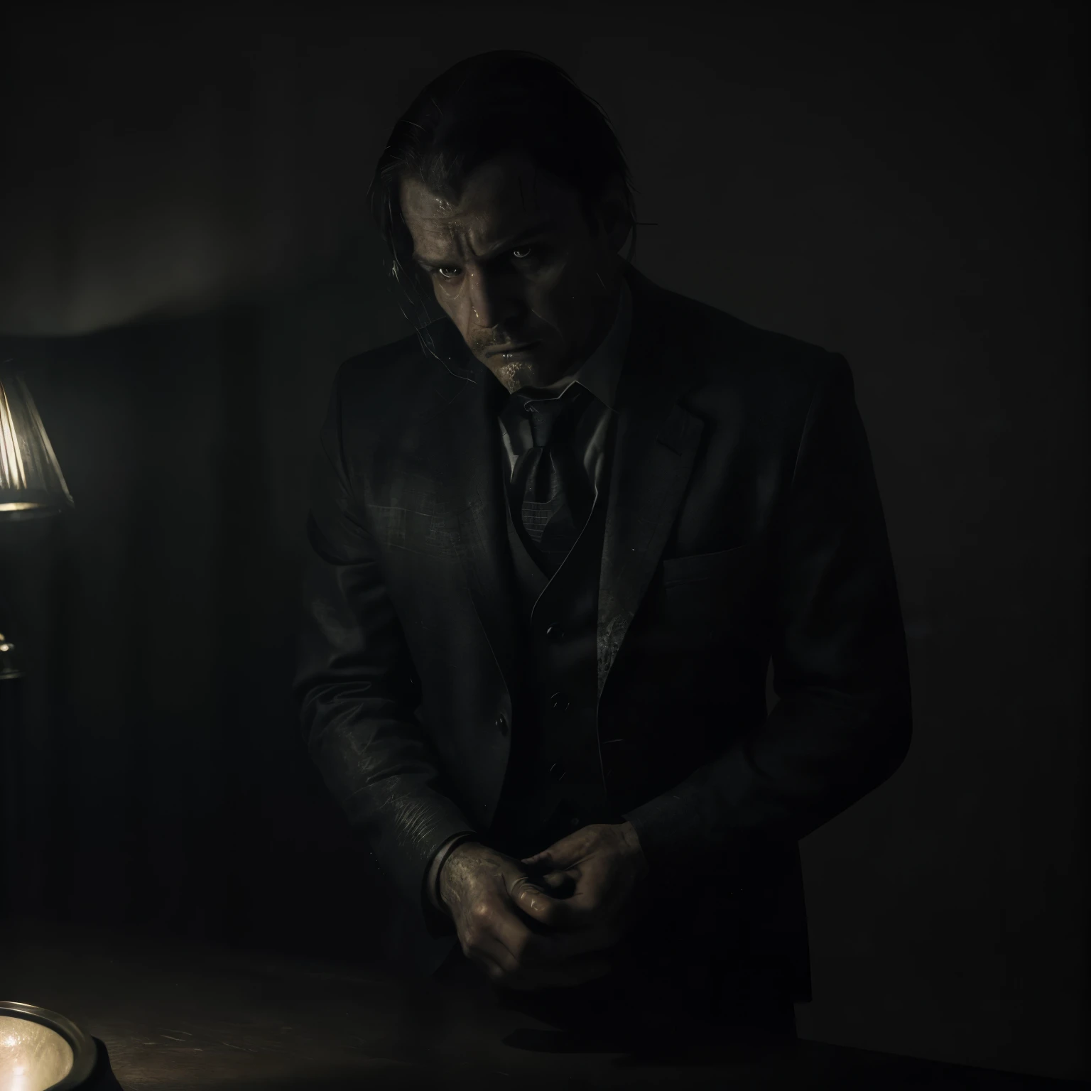 a man in a suit conducting an interrogation in a dimly lit room illuminated only by a lamp,illustration,detailed interrogation scene,intriguing atmosphere,high-quality image,realistic lighting,eerie shadows,serious expression,sharp focus,tense atmosphere,cold hues,dramatic composition,professional artwork,crime noir style,forensic setting,interrogation table,one-way mirror,creepy ambience,foreboding mood,psychological thriller vibes,subtle facial expressions,meticulous details,mystery theme,forensic expert assistant