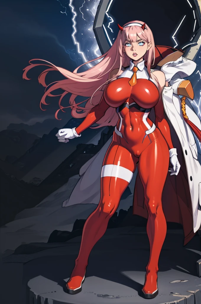 masterpiece, best quality, IncrsLowTier, electricity, glowing eyes zerotwo horns, hairband, necktie, red dress, pantyhose horns, hairband, red bodysuit, armlet, mecha horns, hairband, white bodysuit, white gloves, cap, red dress, white gloves, jacket on shoulders, pantyhose, cyber_armor body_suit,huge_breast, tall female, fulll body, sun light, smile,, sun aura,, boots, standing, smile, lips, red lips,,,{best quality}, {amazing quality} {best quality},{amazing quality},, {absurdres},{{highres}}, {very aesthetic}, {detailed}, curvy, tall, huge breast, character focus, white background,full-length portrait,, huge hips, huge muscles, huge thighs, curvaceous, venus figure,full body, full portrait