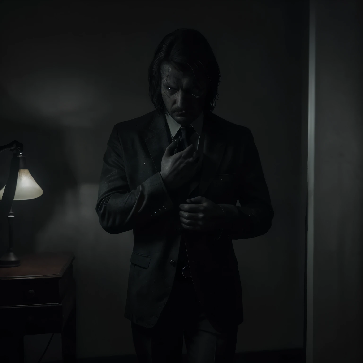 a man in a suit conducting an interrogation in a dimly lit room illuminated only by a lamp,illustration,detailed interrogation scene,intriguing atmosphere,high-quality image,realistic lighting,eerie shadows,serious expression,sharp focus,tense atmosphere,cold hues,dramatic composition,professional artwork,crime noir style,forensic setting,interrogation table,one-way mirror,creepy ambience,foreboding mood,psychological thriller vibes,subtle facial expressions,meticulous details,mystery theme,forensic expert assistant