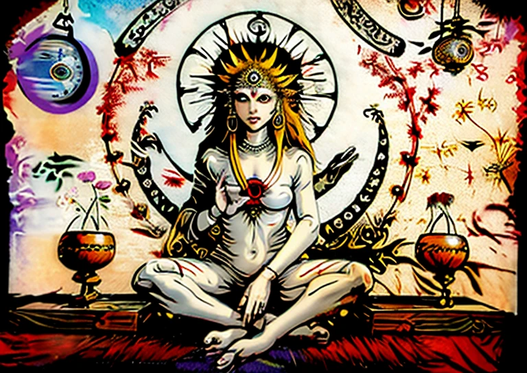 a painting of a woman sitting in a lotus position with a clock in the background, shamanic poster lsd art, third eye, greek third eye, psytrance artwork, opening third eye, 3rd eye, psytrance, visionary art style, third - eye visions, epic shamanic dmt art, greek third eye ,hellenic Greek dmt goddess