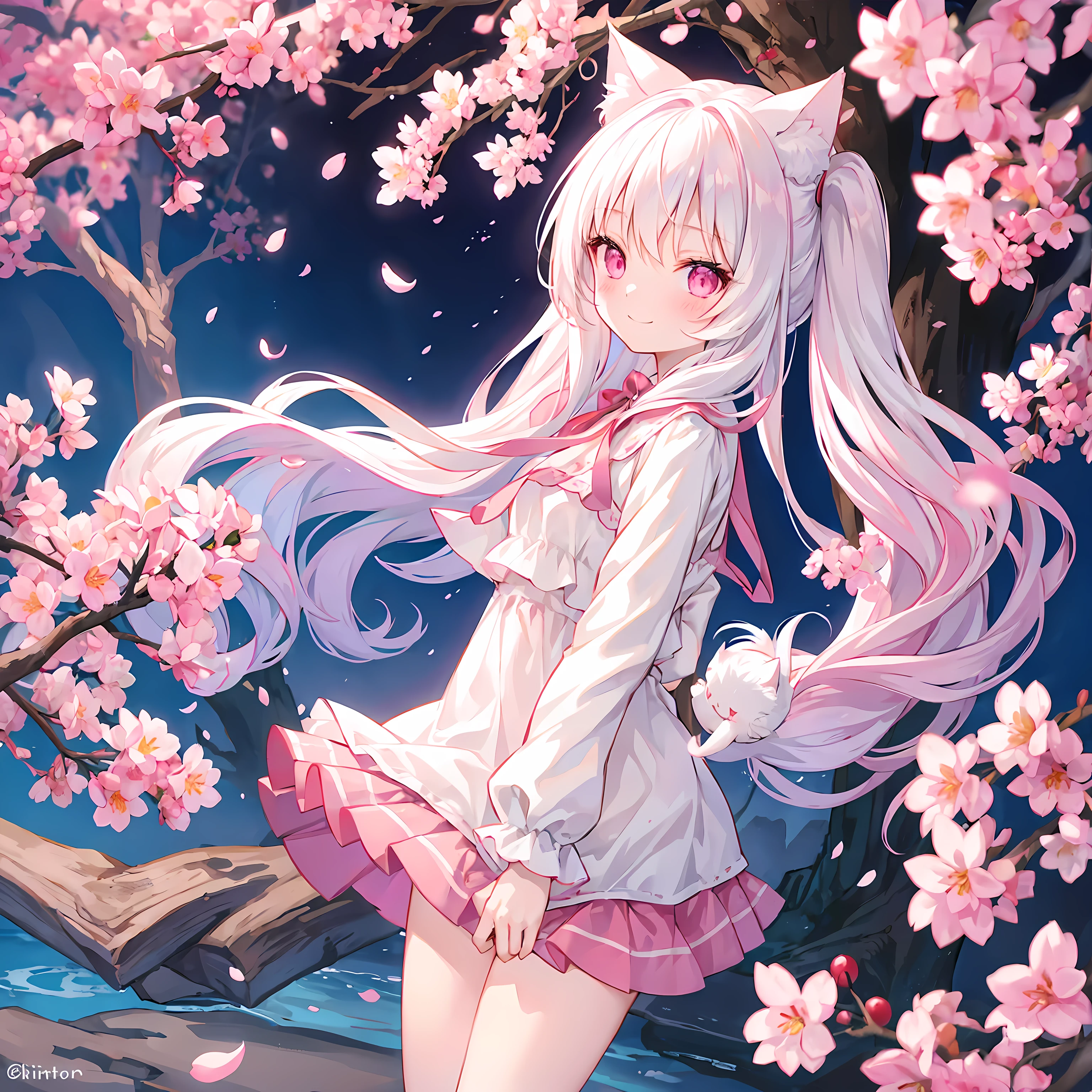 Long white hair、pink eyes、One Beautiful Cat Girl、red blush、A smile、Flip-fluffy miniskirt、Cherry blossoms、