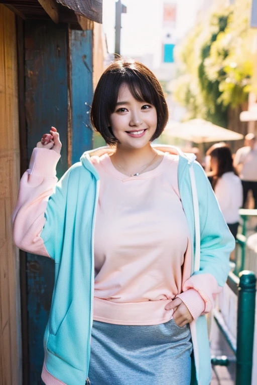 Cute woman、plump body、Stylish T-shirt、Tight Skirt、Very Short Hair、Pastel colored hoodie jacket、High definition、4K resolution、Photorealistic、tourist spot、smile、Sweating