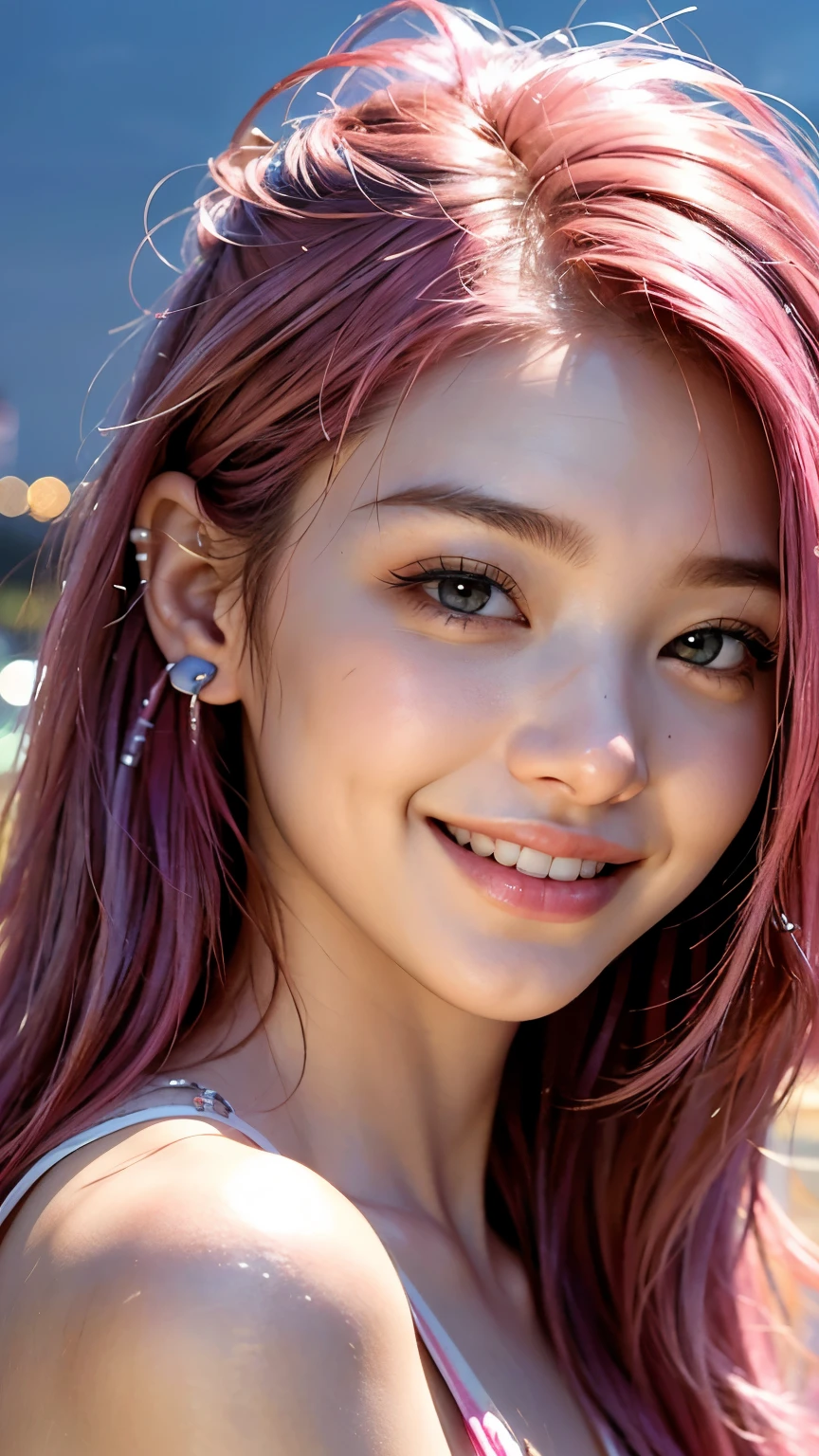 highest quality, masterpiece, Ultra-high resolution, (Realistic:1.4), (Close-up portrait) RAW Photos, 1 girl,20-year-old,((Smiling with teeth showing)),((Big smile))((Neon city at night)),((Wireless Earphones)),((Nose Piercing)),,((Passionate pink haired girl&#39;compensate)),((High Fashion)),Messy Hair,((Cap Chestnut)),((Short bangs)),Realistic,Image Media Chest)),