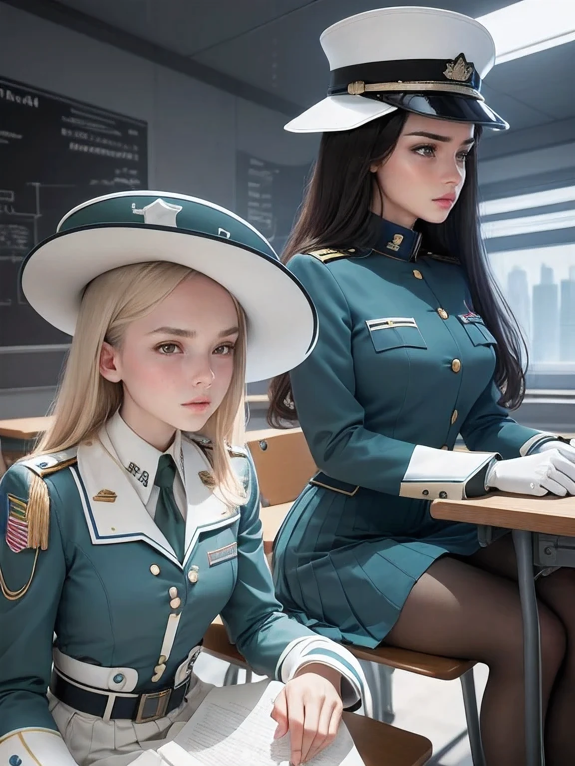 superflat, flat shading, flat colors, (masterpiece:1.2, best quality), (closeup), 2women, teen, slim, (white military outfit), pleated skirt, military hat, space cadet, sitting by desk, in classroom, put head on hand, bored,  classmates in background, (spaceship interiors), futuristic, cosmos, watercolor