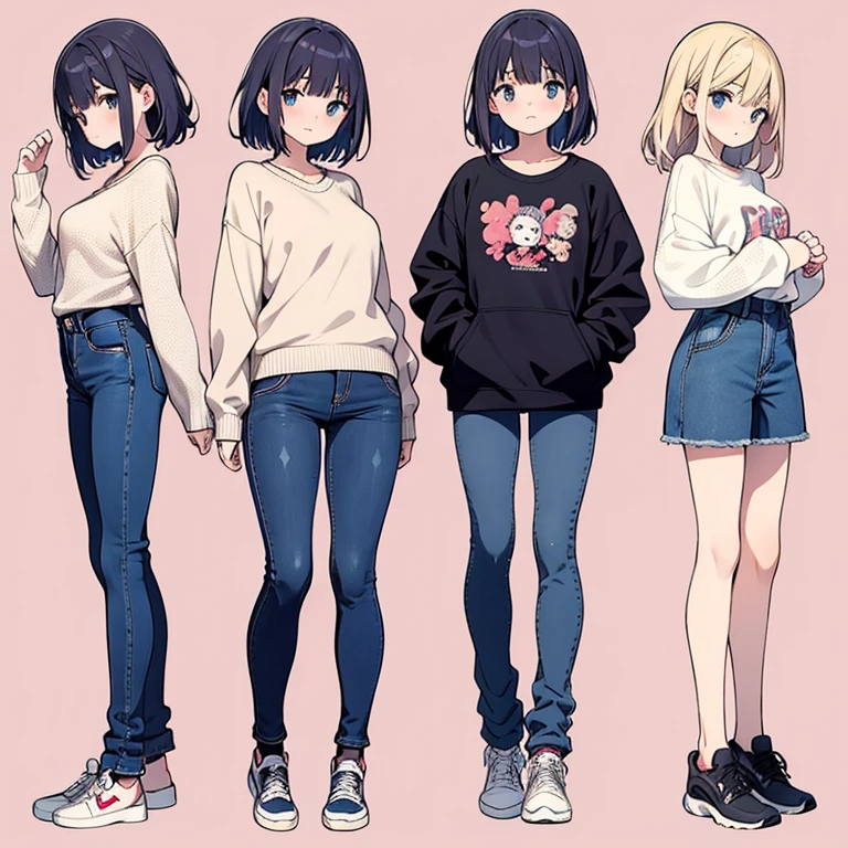 Wearing a sweater and jeans、Anime girl standing with hands in pockets, Full body illustration, Shortcuts, Full body portrait, anime Full body illustration, Casual pose, Full body photo, Full body portrait, Makoto Shinkai style, Casual clothing, Casual clothing装, キャラクターFull body portrait, キャラクターのFull body portrait, three sided view