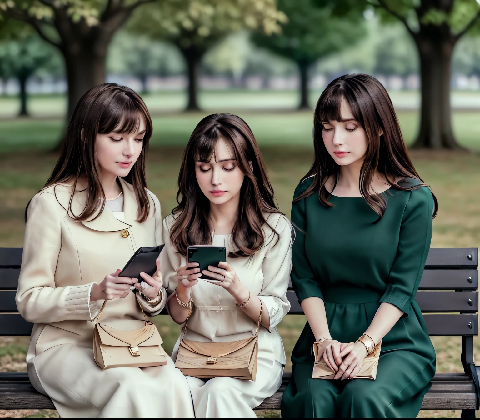 2lady, Sit on it (Bench end), (Office staff outfit) fashionable, Mature female, /(Brown hair/) Bangs, (Looking at the phone), (Masterpiece Best Quality:1.2) Exquisite illustrations with rich details, large breasts rest /(Black Hair/) Bangs, (Staring into the distance) rest ((Simple paper bag:1.2) Sitting in the middle of the bench) rest (Ordinary city park) outdoor, (green landscape), noon, Detailed background