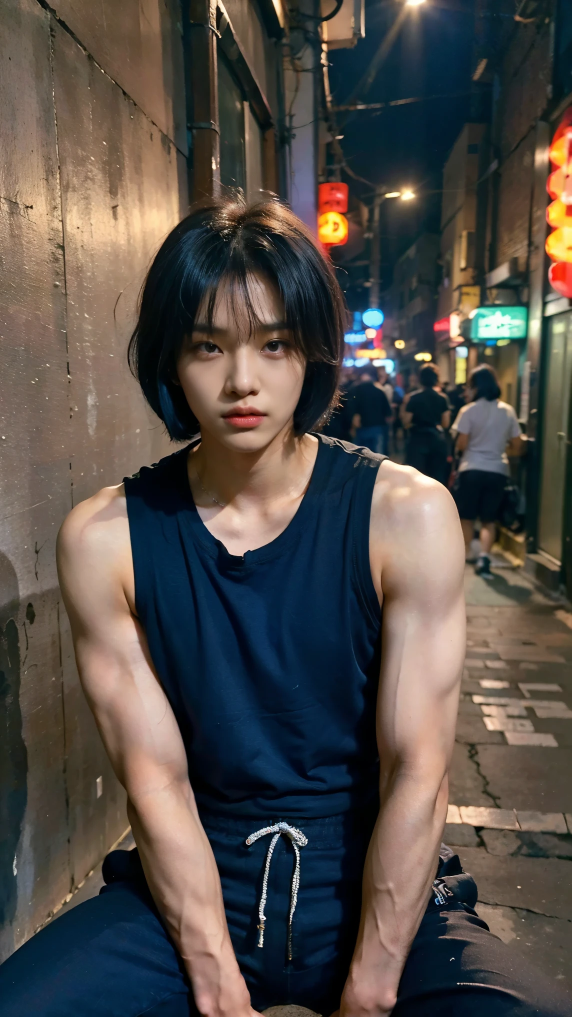 Realistic photos, 8k,(((Crouching in a bustling Japanese neon street,Handsome young Korean tomboy with a bob cut))),Chest is male,18-year-old,(Ultra-realistic), (figure), (High resolution), (8k), (Very detailed), (Best figure), (Beautiful fine details), (highest quality), (Super detailed), (masterpiece), (wallpaper), (Detailed face), ((whole body,Flat Chest,Slightly muscular)),alone,Black hair bob cut,(((Face is a girl,The body is a perfect man))), Black tank top,Training pants,Transgender,Korean,kpop