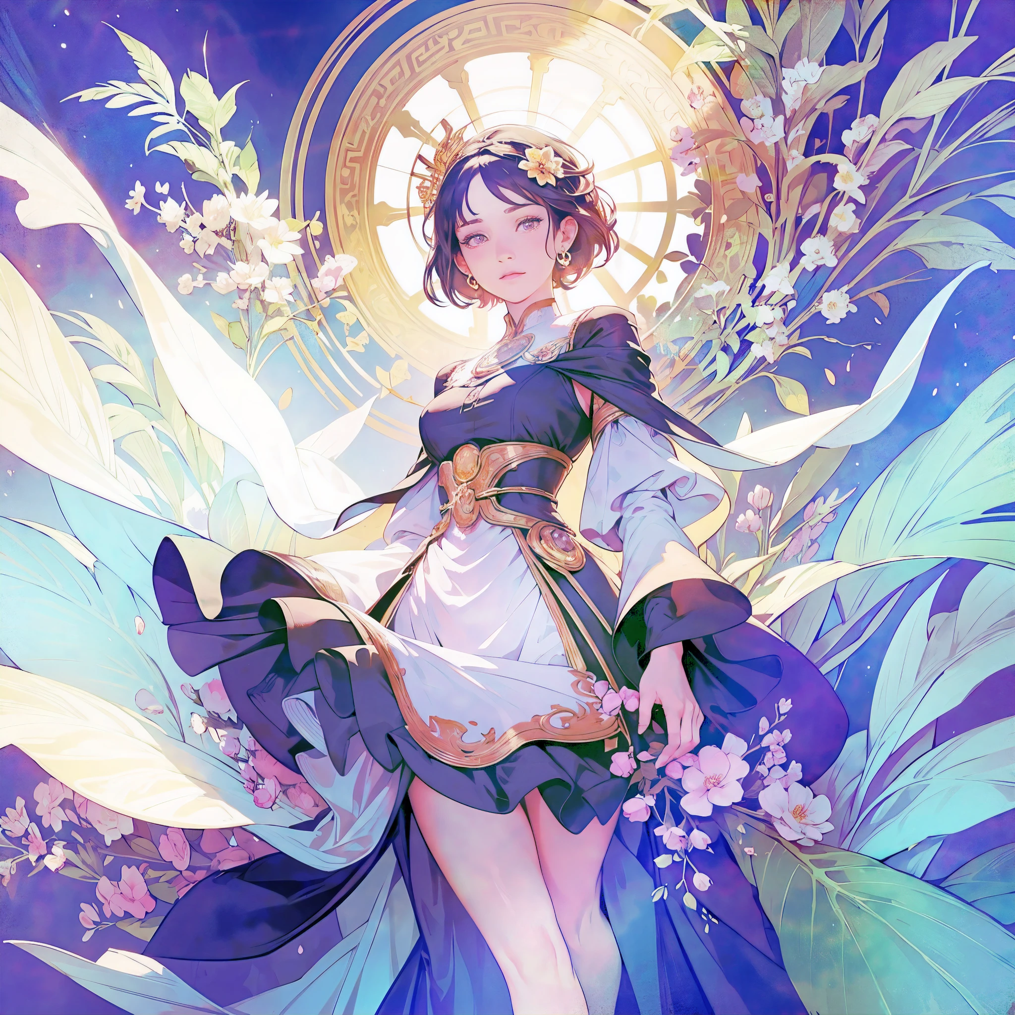 masterpiece、top-quality、hight resolution、High-quality images、8K、the detail、1lady、Photorealsitic、skin gloss、Texture、Lustrous hair、Detailed eye depiction、Light brown short hair、poneyTail、portlate、Long body、sensually、Thicker thighs、a miniskirt、First love、Starry Meadow、by mucha