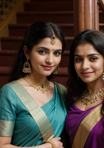 two women in colorful saris standing on a staircase way, india,highly detailed face, realistic eyes, eye cintact, cute smile, laughing hard, trending perfact cute face,30 year, sari, draped in silky purple and gold, draped in purple and gold silk, green magenta and gold, wearing a sari, wearing sari, colourful, with beautiful colors, hindu, flowing aqua silk, beautiful look, festival of rich colors, mid shot portrait, cyan and gold scheme