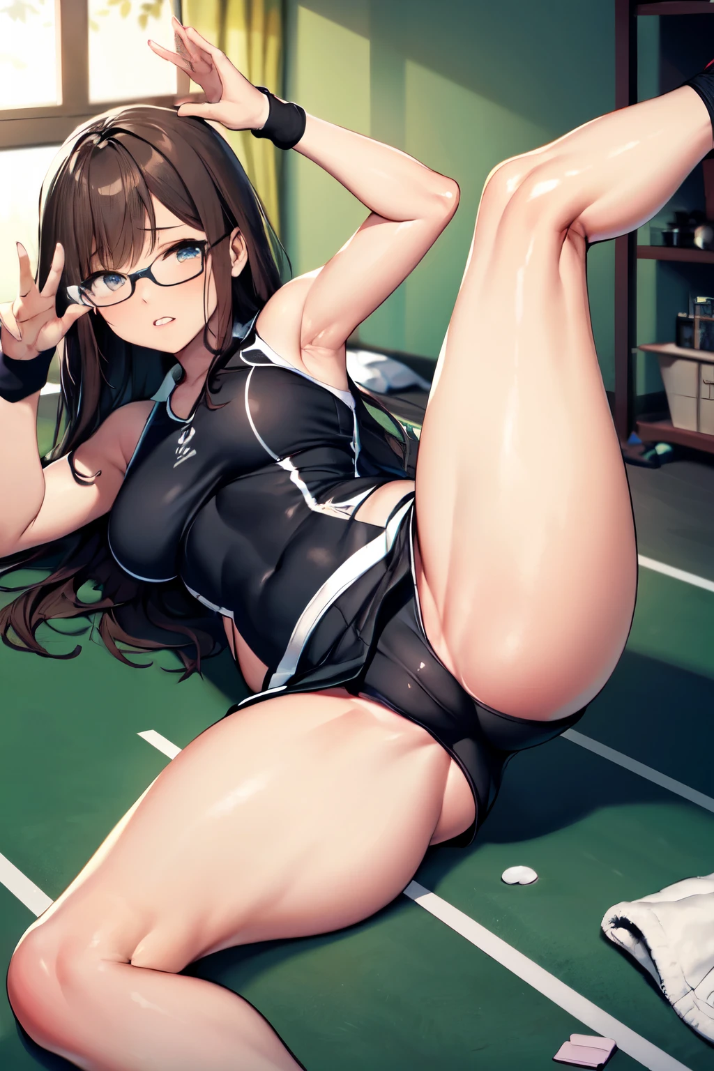 (software:1.5), (Tennis Wear、Skort)、Dark brown wavy long hair、Droopy eyes, Thick thighs, Such an ass, Liar, bed, Open crotch, Dettol, Spread your legs, Show your side, Down the Out、Tears are overflowing、Glasses、(Dynamic pose)、Untidy body、Dynamic Angles、Turning around、Big Ass
