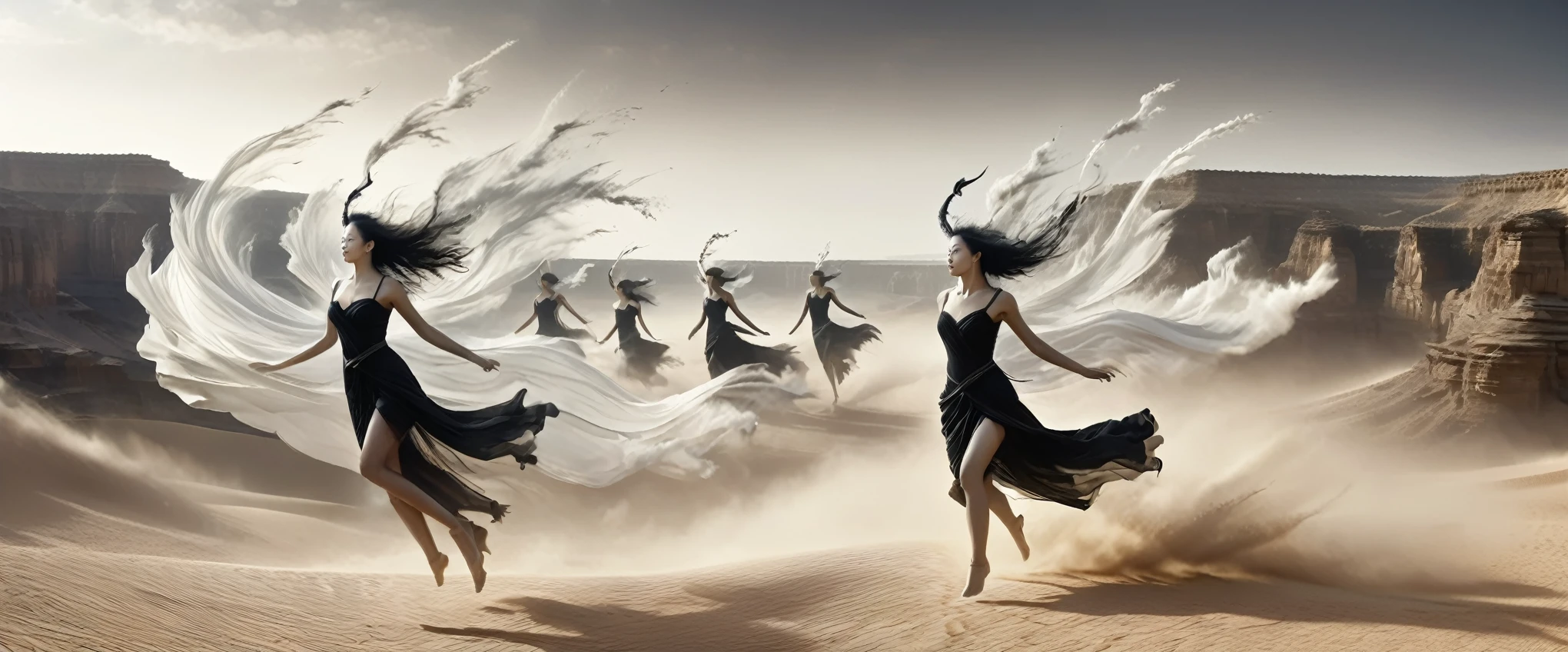 Black and White Photography,Stereoscopic photography,Large depth of field,High Definition,Black and White Photography,Seven fairies under the mortal,Floating,Dance posture and beauty,(Desert Canyon:1.5),Ordos Desert Grand Canyon,sandstorm,龙卷wind,Flying Sand,wind暴,wind,飓wind,Gloomy sky,Abandoned mound,broken wall,old,wind化的,deserted,(RAW photos,Best quality),(reality,照片reality感:1.3),masterpiece,Extremely exquisite and beautiful,high resolution,Original,Perfect lighting,(Extremely detailed CG:1.2),Unite,2k wallpaper,Amazing,Fine details
