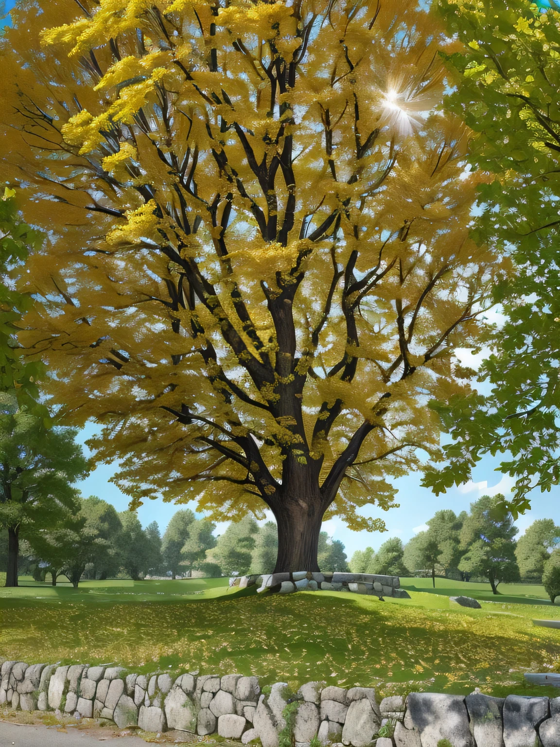 arafed tree with yellow leaves in a park with a stone wall, maple tree, tree; on the tennis coat, large tree, rich tree, tree in the background, beginning of autumn, huge central tree, big tree, trees with lots of leaves, a beautiful tree, sycamore, oak tree, elm tree, big green tree, central tree, golden sacred tree, green leaves