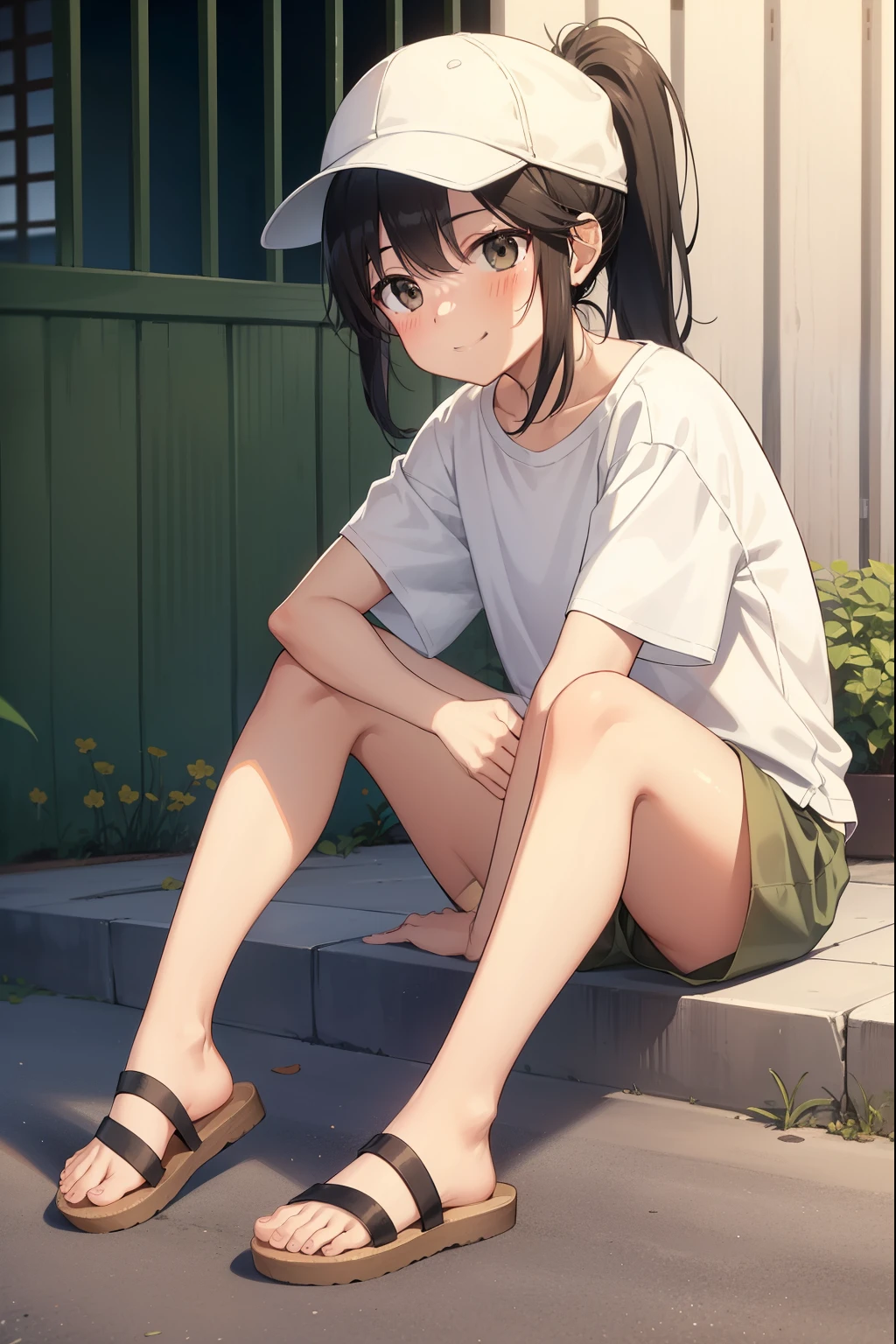 Residential Street,slouch,1 ,ponytail,Black Hair,blush,smile,White T-shirt,Olive green shorts,Brown Sandals,White skin,summer,White cap,From below,Open your mouth,sit
