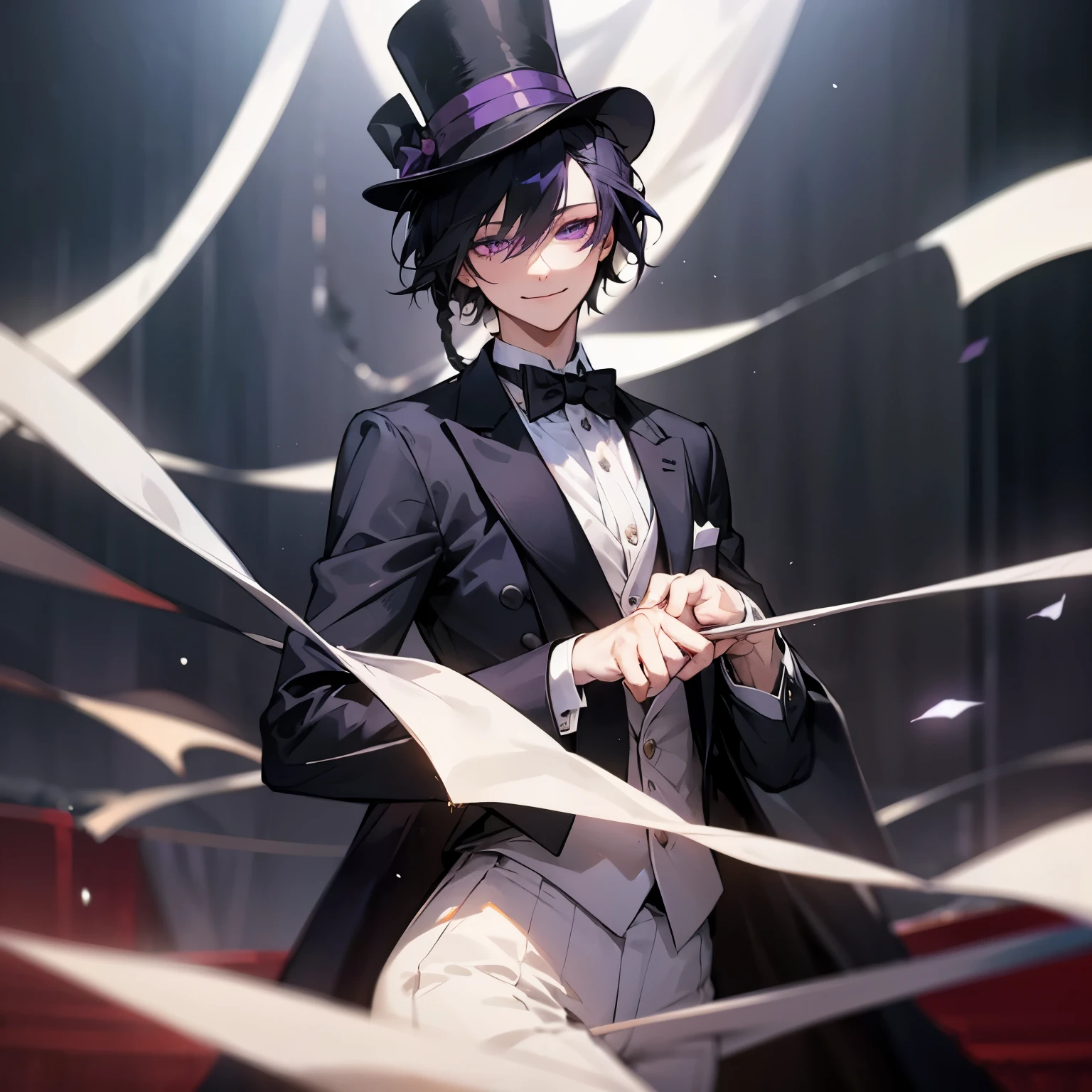 1 person, nsfw, Smiling expression, Curtain call，on stage，magician, black hair, short hair,The hair on the right side is braided and hangs down naturally.，Dark purple eyes, noble, pale skin, dull color, Tuxedo, top hat, Swallow flocks，Fantastic background，sharp focus, Mature, alone, male, Blurred foreground, Cinema lighting