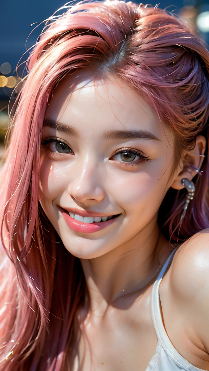 highest quality, masterpiece, Ultra-high resolution, (Realistic:1.4), (Close-up portrait) RAW Photos, 1 girl,20-year-old,((Smiling with teeth showing)),((Big smile))((Neon city at night)),((Wireless Earphones)),((Nose Piercing)),,((Passionate pink haired girl&#39;compensate)),((High Fashion)),Messy Hair,((Cap Chestnut)),((Short bangs)),Realistic,Image Media Chest)),Upper body composition