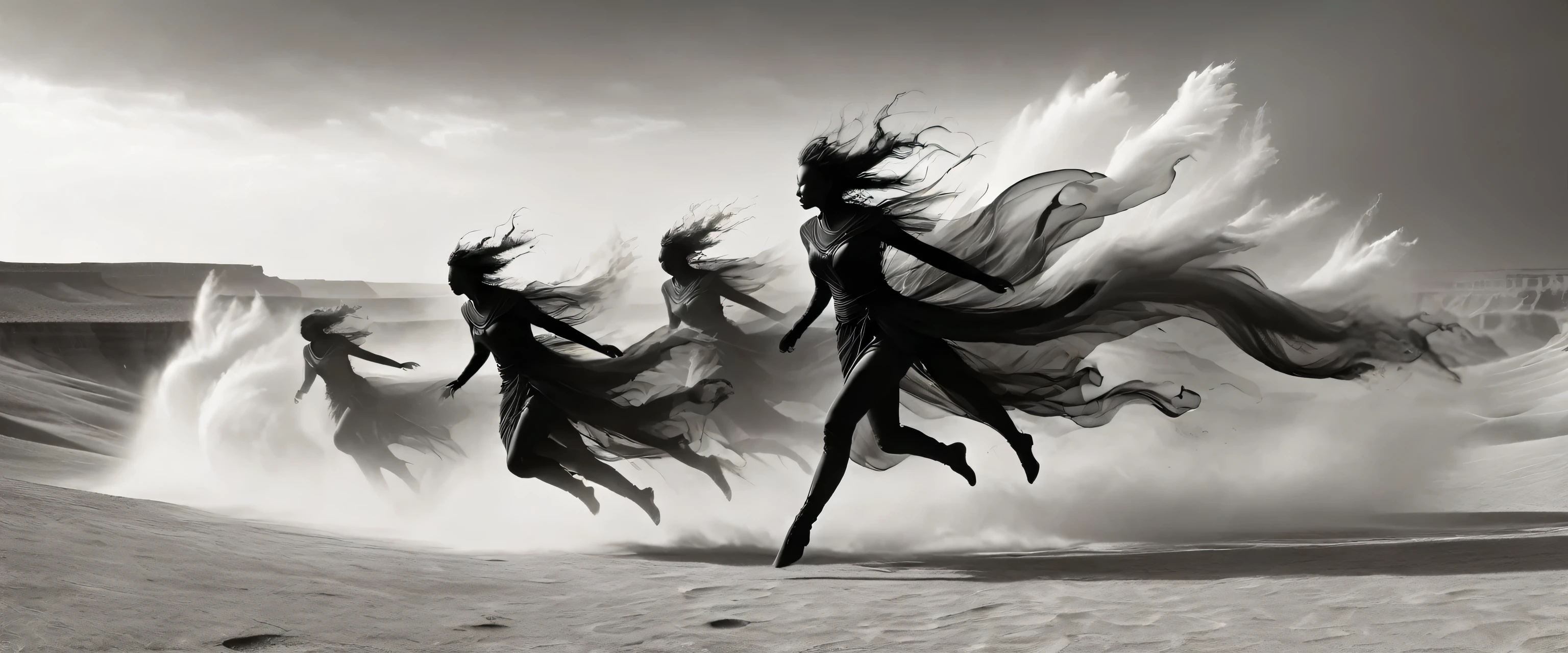 Black and White Photography,Stereoscopic photography,Large depth of field,High Definition,Black and White Photography,Seven fairies under the mortal,Floating,Dance posture and beauty,(Desert Canyon:1.5),Ordos Desert Grand Canyon,sandstorm,Tornado,Flying Sand,windstorm,wind,Hurricane,Gloomy sky,Abandoned mound,broken wall,old,winded,deserted,(RAW photos,Best quality),(reality,Photo reality:1.3),masterpiece,Extremely exquisite and beautiful,high resolution,Original,Perfect lighting,(Extremely detailed CG:1.2),Unite,2k wallpaper,Amazing,Fine details