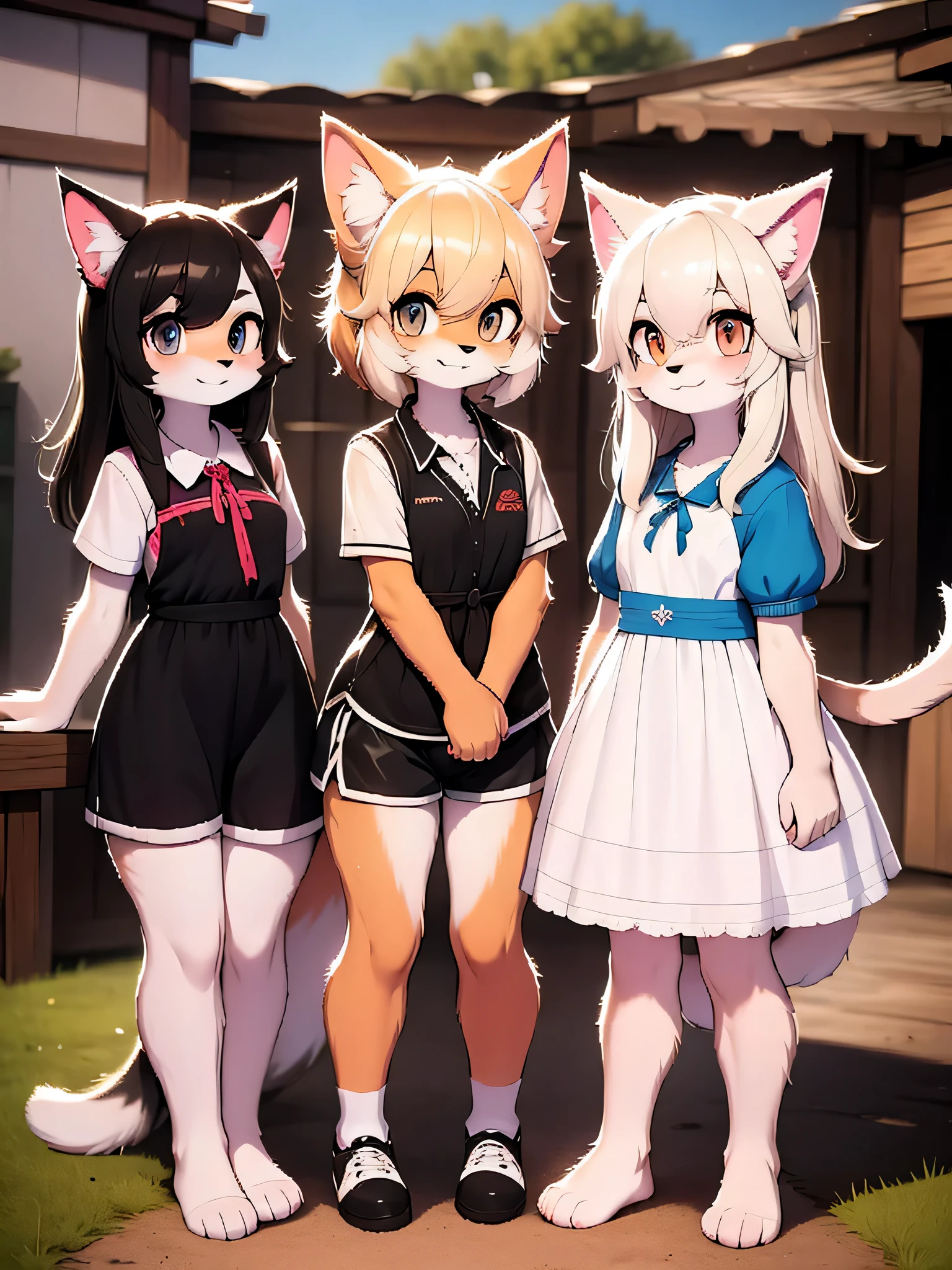 Various furry girls standing together,Multiple Girls,Royal sister,big sister,Close-up from the waist up,Close-up of multiple people,Smile,Outdoor Background,ambiguous,Intimacy,Rural background,Light and Shadow,masterpiece,Fine Light and Shadow,Ray Tracing,hairy,hairy,cute,Country style clothes,dress,shorts,Short-sleeved shirt,Fox Girl,Cat Girl,Dog Girl,White hair,blonde,Black hair