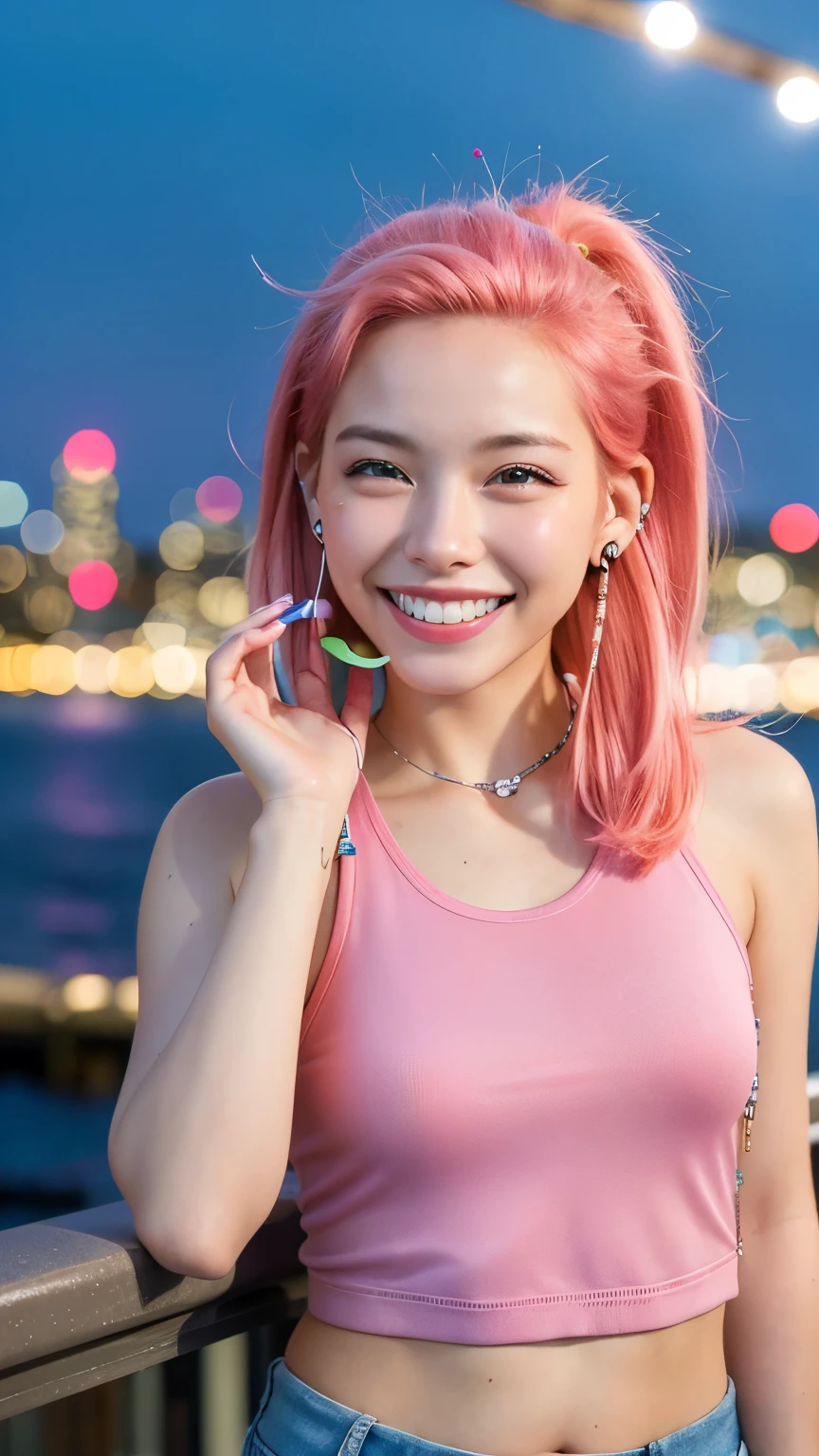 highest quality, masterpiece, Ultra-high resolution, (Realistic:1.4), (Close-up portrait) RAW Photos, 1 girl,20-year-old,((Smiling with teeth showing)),((Big smile))((Neon city at night)),((Wireless Earphones)),((Nose Piercing)),,((Passionate pink haired girl&#39;compensate)),((High Fashion)),Messy Hair,((Cap Chestnut)),((Short bangs)),Realistic,Image Media Chest)),Upper body composition