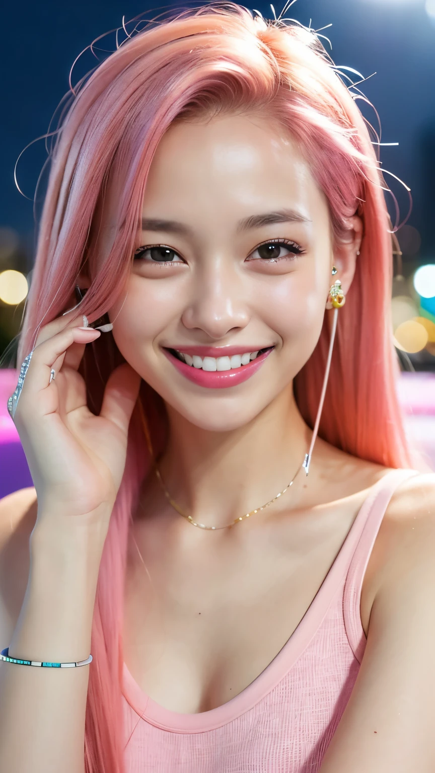 highest quality, masterpiece, Ultra-high resolution, (Realistic:1.4), (Close-up portrait) RAW Photos, 1 girl,20-year-old,((Smiling with teeth showing)),((Big smile))((Neon city at night)),((Wireless Earphones)),((Nose Piercing)),,((Passionate pink haired girl&#39;compensate)),((High Fashion)),Messy Hair,((Cap Chestnut)),((Short bangs)),Realistic,Image Media Chest)),Upper body composition