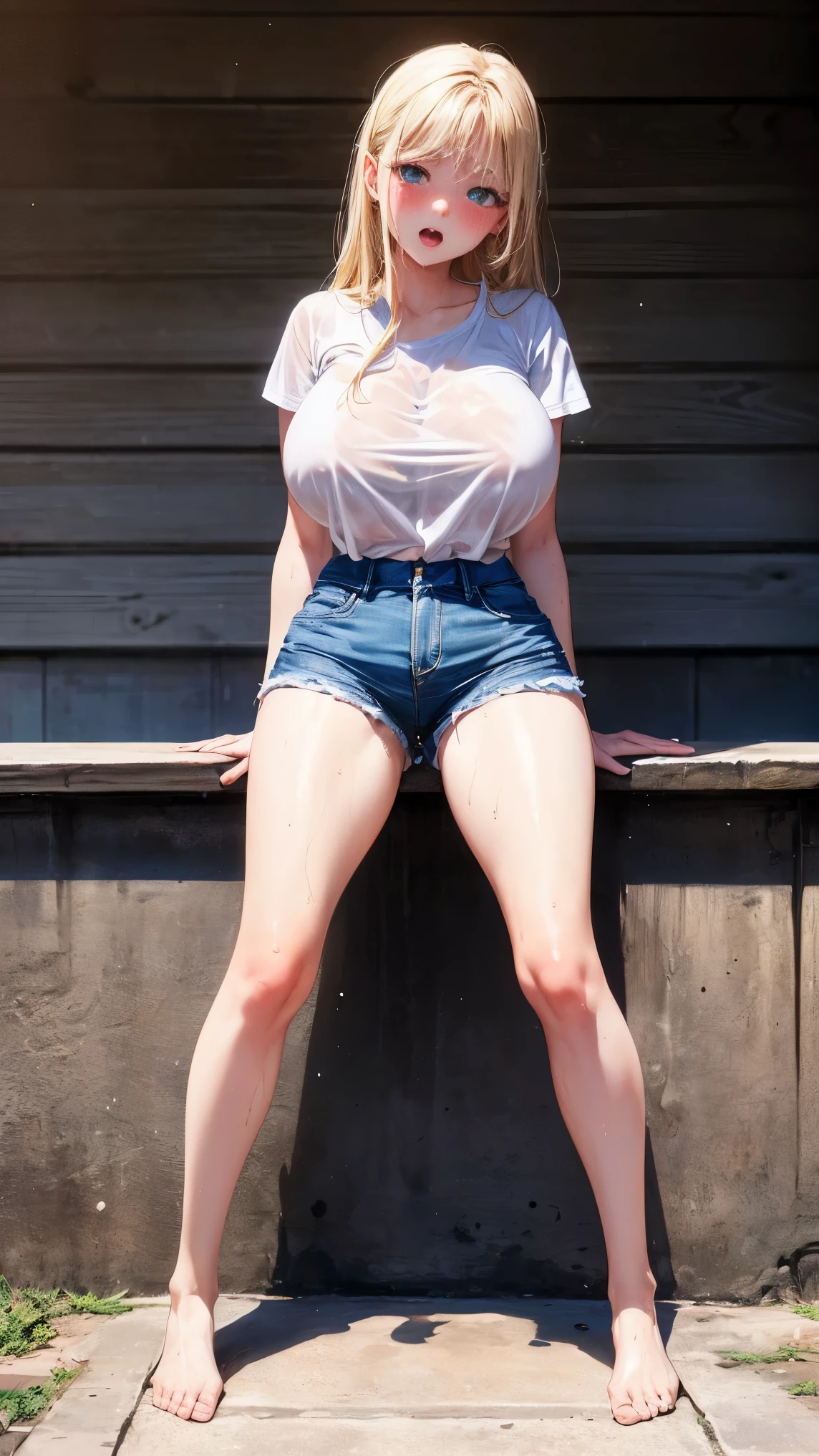 highest quality,1girl,(((()))),((big breasts:1.3)),orgasm,blush, sweat,long hair,blonde hair,blue eyes,white shirt,dolphin shorts,wet,see through,full body,spread legs