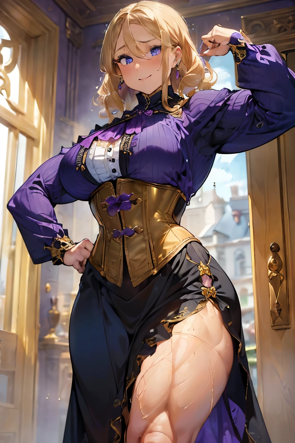 tall (very buff: 1.75) (thick build:1.5) (female bodybuilder:1.1) noblewoman wearing a ((violet) (long-sleeved:1.25) victorian age long dress:1.25) and a (golden corset:1.2) posing in her palace, (short curly blonde hair:1.3), (completely clothed:1.2), (golden earrings:1.1), (expressive blue eyes), (sweat drops:1.25), (proud smile), (solo:1.25)