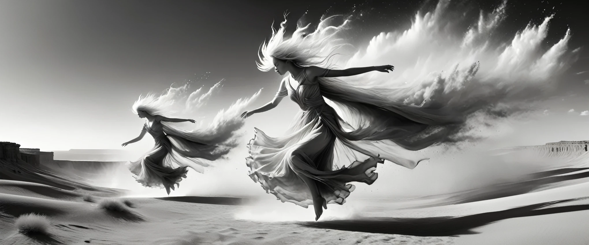 Black and White Photography,Stereoscopic photography,Large depth of field,High Definition,Black and White Photography,Seven fairies under the mortal,Floating,Dance posture and beauty,(Desert Canyon:1.5),Ordos Desert Grand Canyon,sandstorm,龙卷wind,Flying Sand,wind暴,wind,飓wind,Gloomy sky,Abandoned mound,broken wall,old,wind化的,deserted,(RAW photos,Best quality),(reality,照片reality感:1.3),masterpiece,Extremely exquisite and beautiful,high resolution,Original,Perfect lighting,(Extremely detailed CG:1.2),Unite,2k wallpaper,Amazing,Fine details