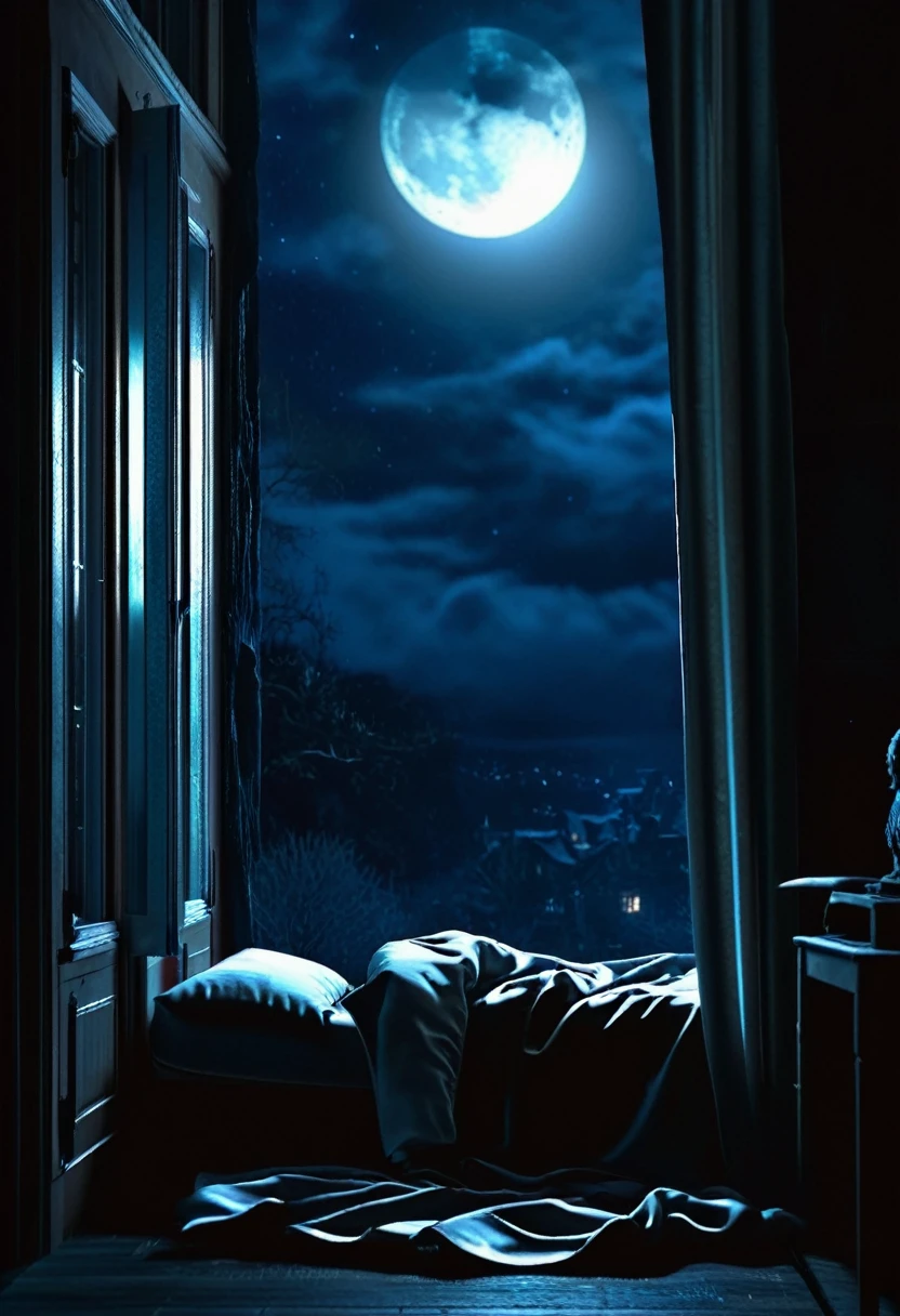 a scary look in my window, I'm standing in the corner, frozen in fear and sleeping in my pants, a dark room into which moonlight penetrates, mysticism, horror, super detail, 8k,