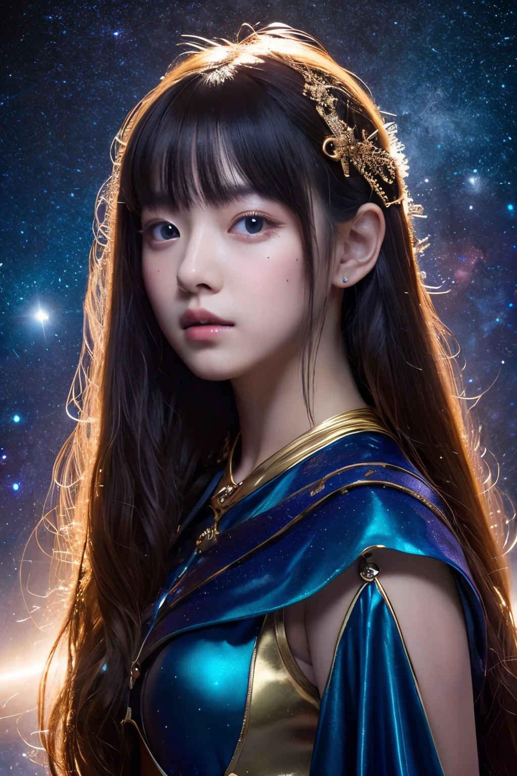 Studio Photo, Girl16age、Beautiful strange fantasy images, Space、Milky Way, beautiful, detailed, long flowing hair, Medium chest, Great skin texture,Space、