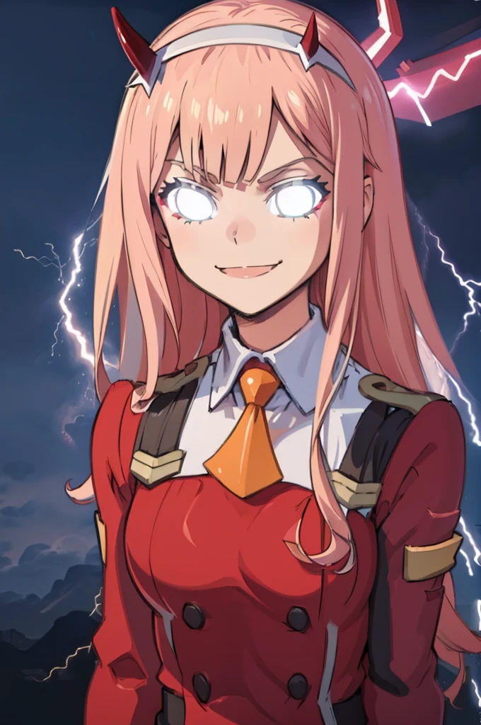 masterpiece, best quality,  IncrsLowTier, electricity, glowing eyes  zerotwo, horns, hairband, necktie, red dress, upper body, smile