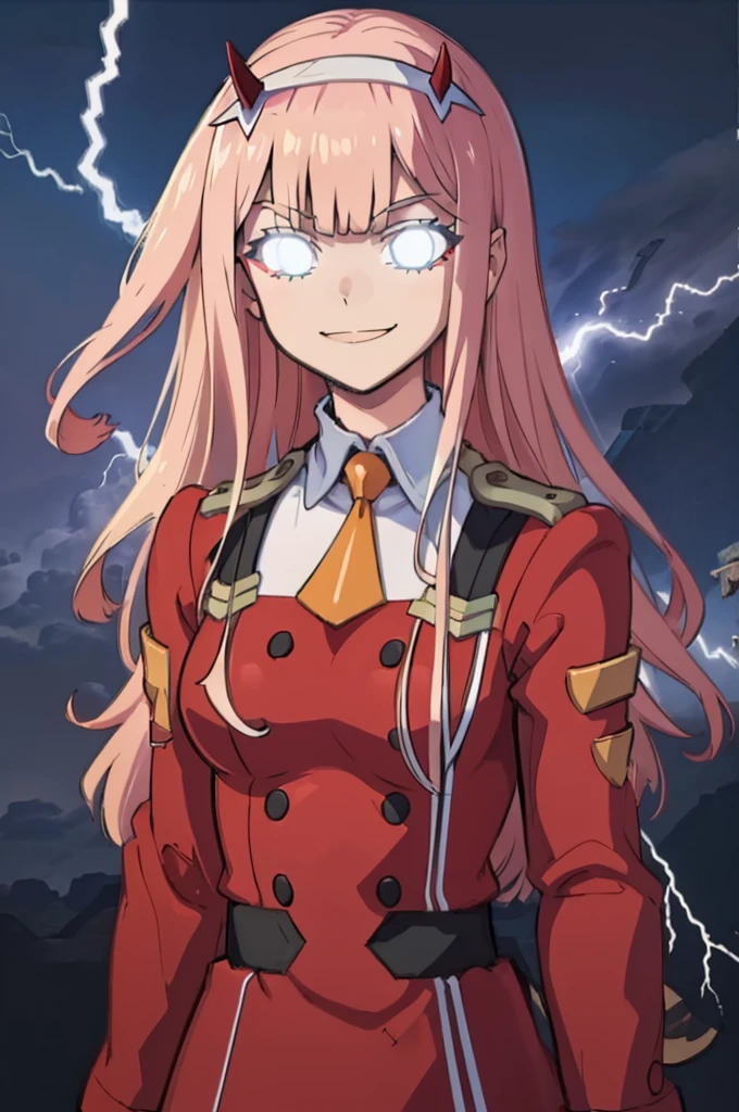 masterpiece, best quality,  IncrsLowTier, electricity, glowing eyes  zerotwo, horns, hairband, necktie, red dress, upper body, smile