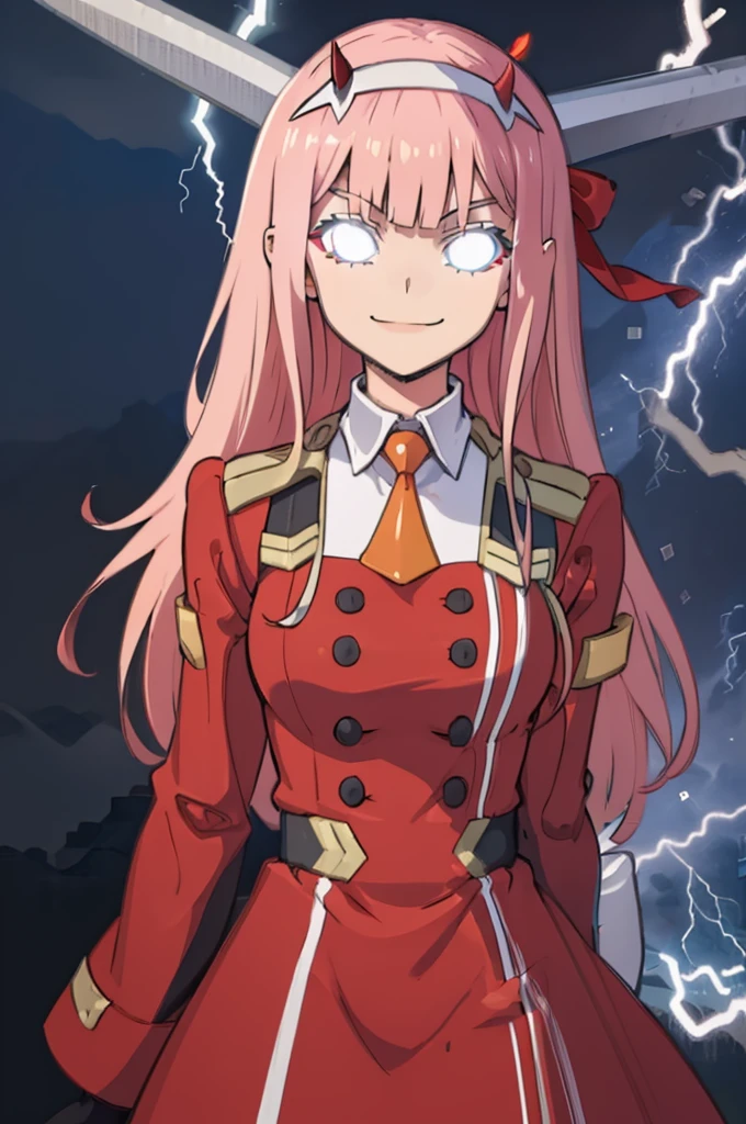 masterpiece, best quality,  IncrsLowTier, electricity, glowing eyes  zerotwo, horns, hairband, necktie, red dress, upper body, smile