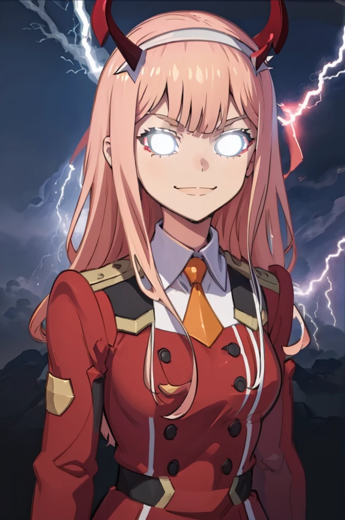 masterpiece, best quality,  IncrsLowTier, electricity, glowing eyes  zerotwo, horns, hairband, necktie, red dress, upper body, smile