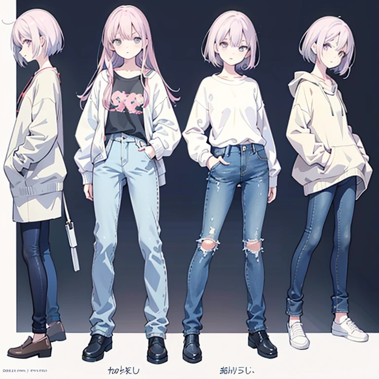 Wearing a sweater and jeans、Anime girl standing with hands in pockets, three sided view, no background, flat chest,Full body illustration, Shortcuts, Full body portrait, anime Full body illustration, Casual pose, Full body photo, Casual clothing