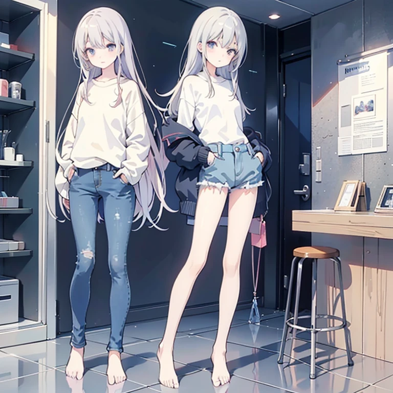 Wearing a sweater and jeans、Anime girl standing with hands in pockets, three sided view, no background,  flat chest,Full body illustration, Shortcuts, Full body portrait, anime Full body illustration, Casual pose, Full body photo, Casual clothing