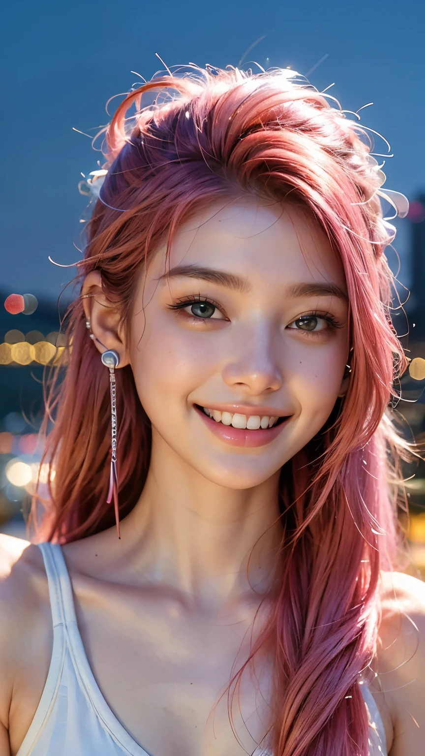 highest quality, masterpiece, Ultra-high resolution, (Realistic:1.4), (Close-up portrait) RAW Photos, 1 girl,20-year-old,((Smiling with teeth showing)),((Big smile))((Neon city at night)),((Wireless Earphones)),((Nose Piercing)),,((Passionate pink haired girl'compensate)),((High Fashion)),Messy Hair,((Cap Chestnut)),((Short bangs)),Realistic,Image Media Chest)),Upper body composition