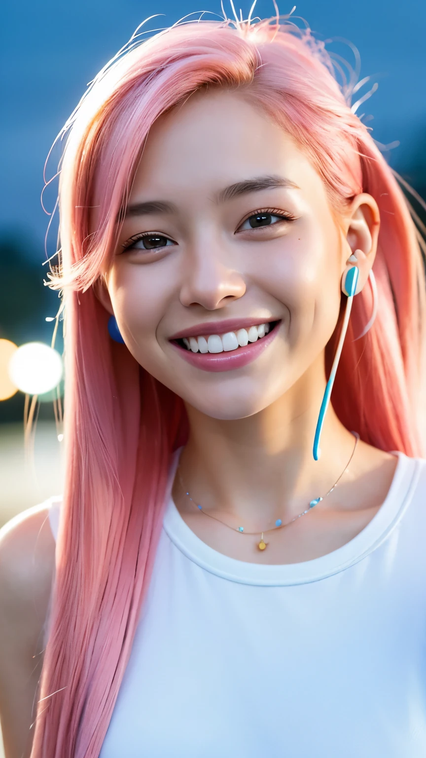 highest quality, masterpiece, Ultra-high resolution, (Realistic:1.4), (Close-up portrait) RAW Photos, 1 girl,20-year-old,((Smiling with teeth showing)),((Big smile))((Neon city at night)),((Wireless Earphones)),((Nose Piercing)),,((Passionate pink haired girl'compensate)),((High Fashion)),Messy Hair,((Cap Chestnut)),((Short bangs)),Realistic,Image Media Chest)),Upper body composition