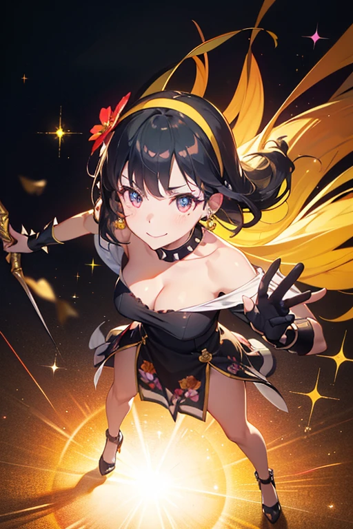Anime style beutiful woman, 1girl,fullbody, happy, (with sparkling eyes and a contagious smile:1.2), red face, closed mouth, beautiful detailed eyes, super detailed skin, backlighting, bare shoulders, black background, black dress, black gloves, black hair, breasts, dress, earrings, fingerless gloves, floating hair, floral print, flower, gloves, gold earrings, gold hairband, hair flower, hair ornament, hairband, holding, holding weapon, jewelry, large breasts, long hair, looking at viewer, off-shoulder dress, off shoulder,red eyes, short hair with long locks, sidelocks, solo, spikes, thighs, two-sided dress, two-sided fabric, weapon, fighting stance , face, close up, from above, highest quality, high resolution,Real World, Natural light,perfect Natural light,looking at viewer,